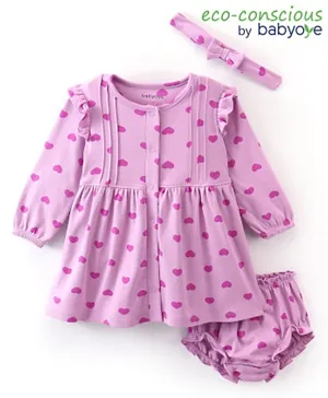 Babyoye Eco Conscious 100% Cotton Full Sleeves Heart Printed Frock with Bloomer & Headband - Lilac