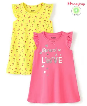 Honeyhap Premium 2-Pack Floral & Text Print Nighties - Pink & Yellow