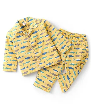 Babyhug Cotton Woven Full Sleeves Shark Printed Night Suit - Yellow