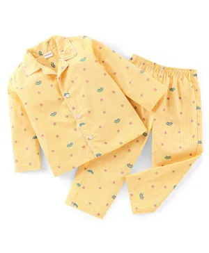 Babyhug Cotton Woven Full Sleeves Striped Night Suit with Fruits Print - Yellow