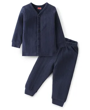 Babyhug Front Open Full Sleeves Solid Textured Thermal Vest & Pajama Set - Navy Blue
