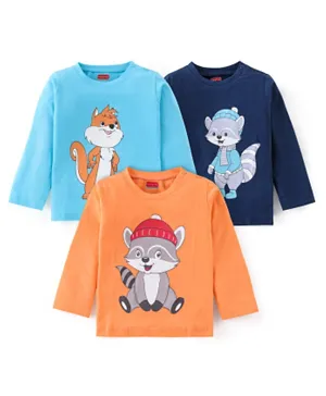 Babyhug Cotton Knit Full Sleeves T-Shirt Raccoon & Chipmunk Graphics Pack of 3 - Blue & Orange