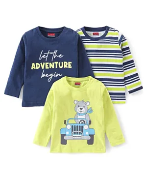 Babyhug Cotton Full Sleeves Tee With Stripes & Bear Graphics Pack Of 3- Green & Blue