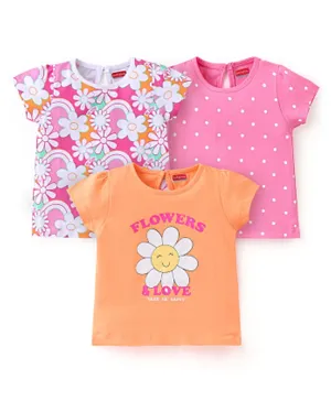 Babyhug Cotton Half Sleeves Tee with With Floral Graphics Pack of 3 - Pink & Orange