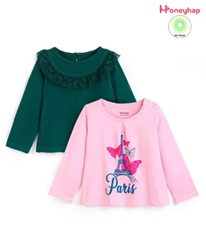 Honeyhap Premium 100% Cotton Full Sleeves Bio Washed T-Shirts with Lace Detailing & Eiffel Tower Print Pack of 2 - Pink & Moss Green