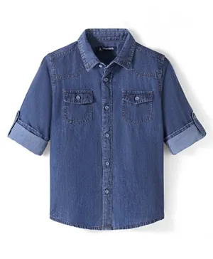 Pine Kids 100% Cotton Full Sleeves Denim Washed Shirt - Dark Blue