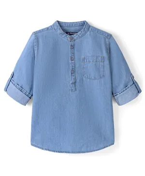 باين كيدز قميص كورتا دينيم بأكمام طويلة من القطن الخالص للأطفال - أزرق