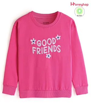 Honeyhap Premium Cotton Looper Full Sleeves Sweatshirt With Bio Wash Text Print- Azalea Pink