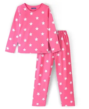 باين كيدز بدلة نوم بيو-مغسولة بأكمام طويلة من القطن المحبوك ومطبوع عليها نجوم - وردي
