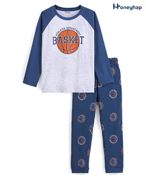 Honeyhap Premium Cotton Full Sleeves Night Suit Basketball Print with Bio Finish - Ecru Melange & Navy Peony