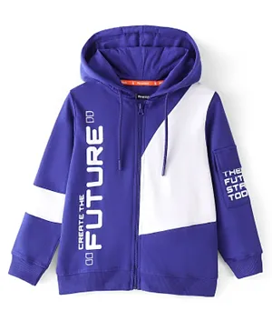Pine Kids 100% Cotton Full Sleeves Hooded Front Open Biowashed Jacket Text Printed - Blue Aster