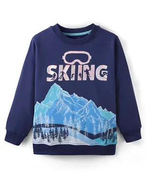 Pine Kids 100% Cotton Knit Full Sleeves Biowashed Sweatshirt Mountain Skiing Print - Navy Blue