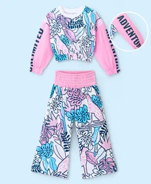 Ollington St. 100% Cotton Full Sleeves Tropical Print Sweatshirt & Culottes/Co-ord Set with Text Print on Sleeves - Pink