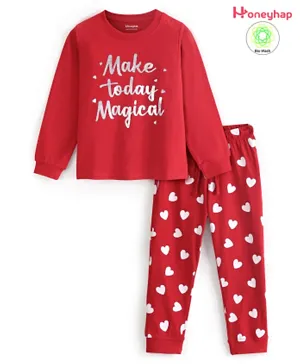 Honeyhap Premium Cotton Full Sleeves Night Suit With Bio Finish & Text Print - Red