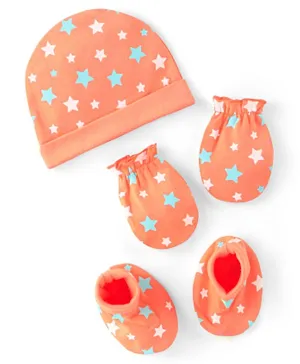 Babyhug 100% Cotton Knit Star Printed Cap Mittens & Booties Set- Orange