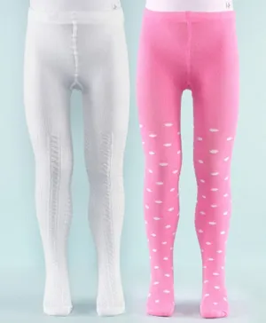 Honeyhap 2 Pack Premium Cotton Super Soft Stretchable Self Knitted Tights - White & Pink