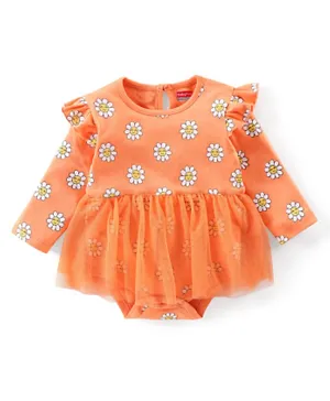 Babyhug 100% Cotton Knit Full Sleeves Floral Printed Frock Style  Onesies - Orange