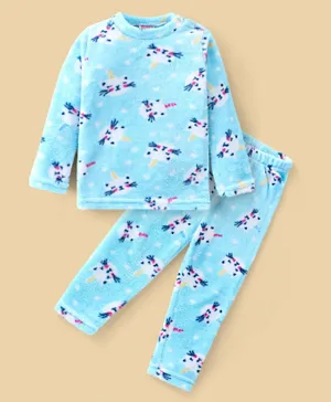 Babyhug Velour Knit Full Sleeves Winter Night Suit Kitty Print - Blue