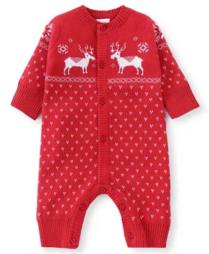 Babyhug Organic Cotton Knit Full Sleeves Winter Wear Romper - Red