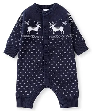 Babyhug Organic Cotton Knit Full Sleeves Winter Wear Romper - Blue