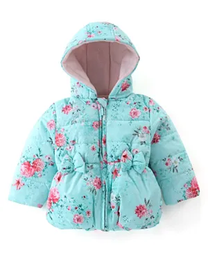 Babyhug Woven Full Sleeves Hooded Jacket with Bow Floral Print - Aqua Blue