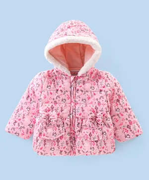 Babyhug Full Sleeves Hooded & Padded Jacket With Bow Applique Floral Print- Pink