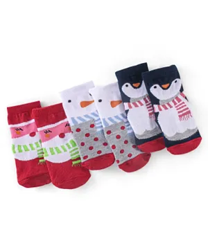 Cutewalk By Babyhug 3 Pack Anti Bacterial Ankle Length Socks Penguin Print - White Red & Blue