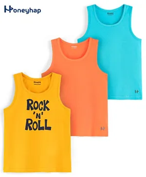 Honeyhap Premium Cotton Elastane Text Printed Soft Vests with Silvadur Antimicrobial Finish Pack of 3 - Multicolor