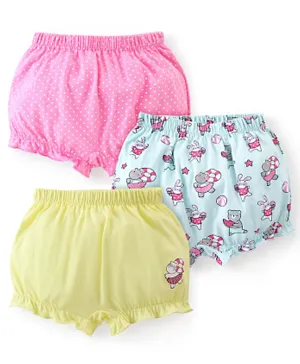Babyhug 100% Cotton Bloomer Hippo Print Pack of 3 - Pink Blue & Yellow