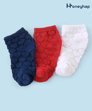 Honeyhap Premium Cotton Bamboo Non Terry Ankle Length  Socks with  Heart Design Pack of 3 - White Navy Peony & High Risk Red