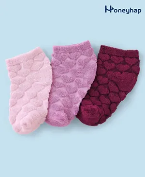 Honeyhap Premium Cotton Bamboo Non Terry Ankle Length  Socks with  Heart Design Pack of 3 - Red Plum Orchid Bouquet & Tender Touch