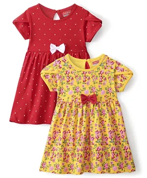 Babyhug 100% Cotton Single Jersey Knit Half Sleeves Floral Print Frock with Bow Applique Pack of 2 - Pink & Red