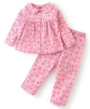 Babyhug Cotton Full Sleeves Night Suit Polka Dot Print- Pink White & Red