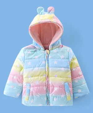 Babyhug Full Sleeves Hooded & Padded Jacket With Ear Applique Stars Print- Pink Yellow & Blue