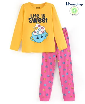 Honeyhap Premium Cotton Full Sleeves T-Shirt & Pyjama Set with Bio Finish & Donut Printed - Banana Yellow & Azalea Pink