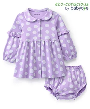 Babyoye 100% Cotton Eco Conscious  Full Sleeves Frock With Bloomer Pollka Dot Print- Lilac