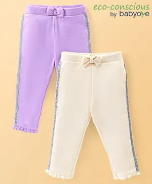 Babyoye Eco Conscious 100% Cotton Solid Full Length Pajamas With Bow Applique Pack of 2- Cream & Purple