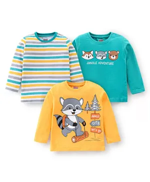 Babyhug Cotton Knit Full Sleeves T-Shirt Stripes & Fox Graphics Pack of 3 - Yellow White & Green