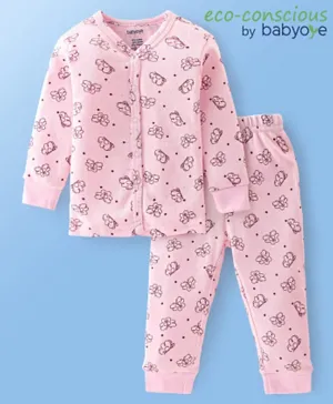 Babyoye Cotton Modal Full Sleeves Pointelle Thermal Vest & Pajama Set with Butterflies Print - Pink