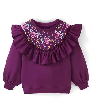 Pine Kids 100% Cotton Knit Full Sleeves Sweatshirt with Ruffle Neck Floral Print - Violet