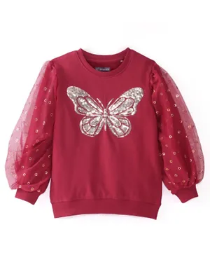 Pine Kids Full Sleeves Biowashed Sweatshirt Sequined Butterfly Design - Red