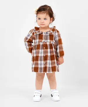 Bonfino Cotton Blend Full Sleeves Checked Dress With Front Floraal Embroidery Detail-Brown