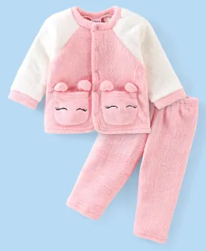 Babyhug Velour Full Sleeves Winterwear Night Suit Nightsuit With Solid Colour - Pink