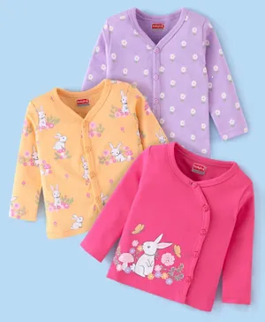 Babyhug 3 Pack 100% Cotton Knit Full Sleeves Front Open Jhablas Bunny Print - Pink Orange & Purple