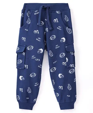 Babyhug Cotton Knit Full Length Lounge Pant Rugby Print - Navy Blue