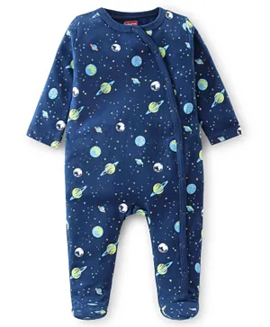 Babyhug Cotton Knit Full Sleeves Footed Sleep Suits Space Theme Print - Navy Blue