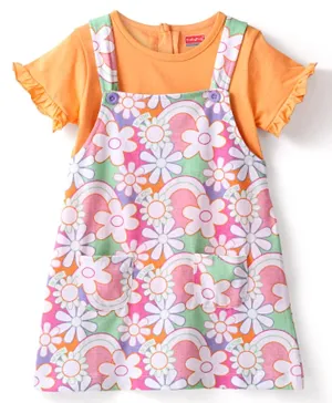 Babyhug 100% Cotton Knit Floral Print Frock with Short Sleeves Inner Tee - Multicolor