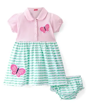 Babyhug Cotton Knit Short Sleeves Frock Embroidered & Striped With Bloomer - Pink & Green