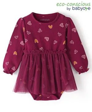 Babyoye Eco Conscious 100% Cotton Full Sleeves Frock Style Onesie with Heart Print - Maroon