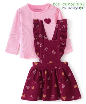 Babyoye 100% Cotton Eco Conscious Frock & Full Sleeves Inner Tee With Heart Embroidery - Pink & Maroon
